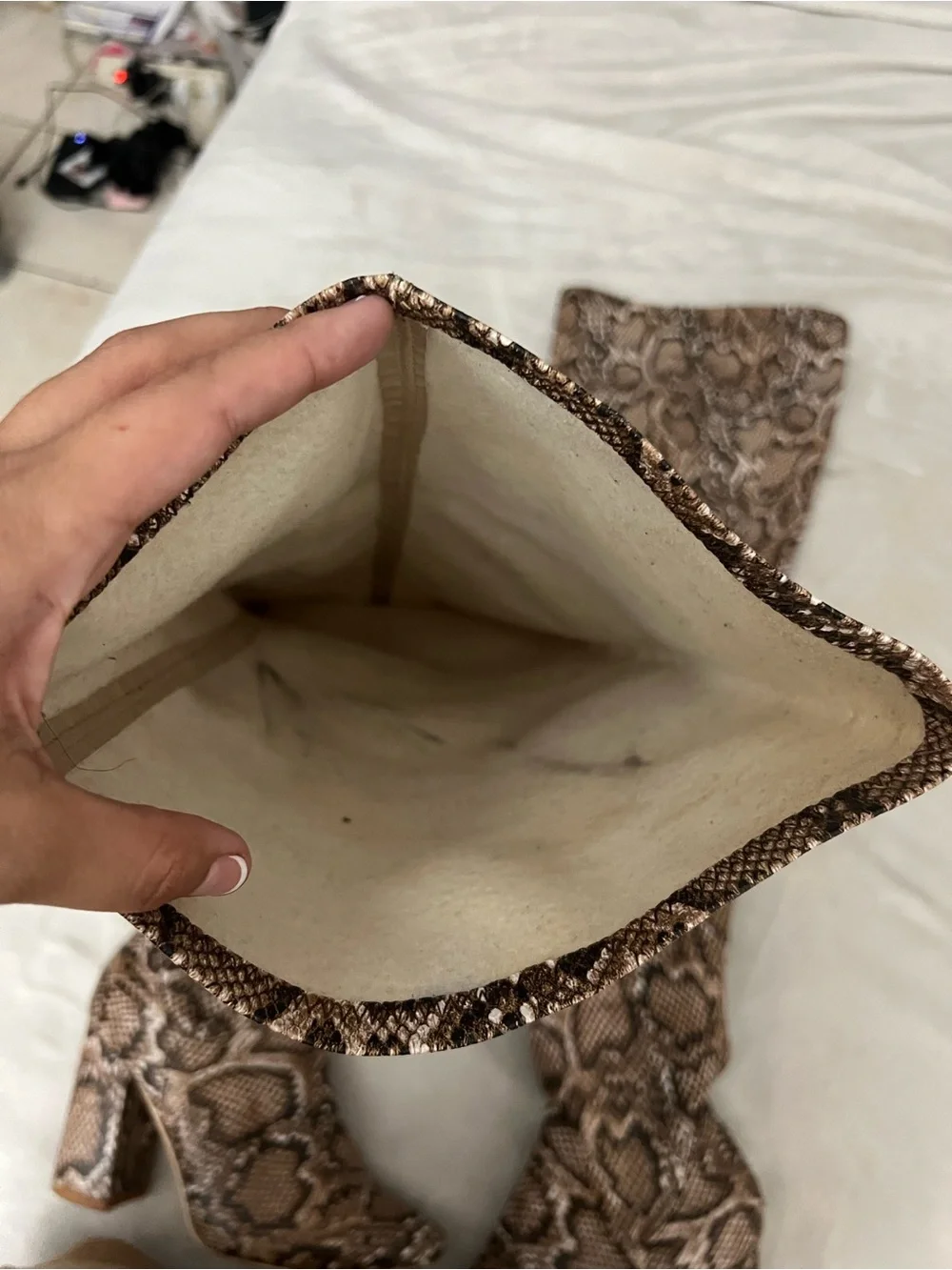 Snake Print Thigh High Block Heel Boots - Brown (read description)